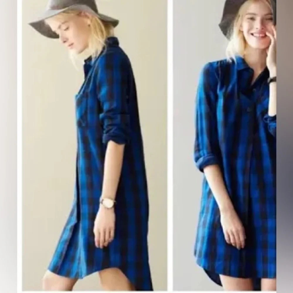 Madewell Flannel Shirt Dress - Latitude Blue Black Buffalo Plaid Size XS - Picture 2 of 12